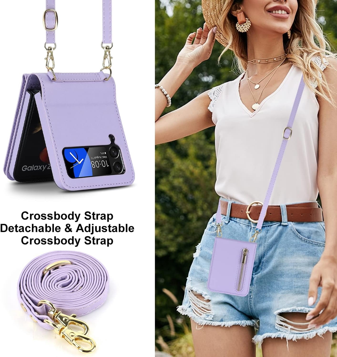 Phone Case for Samsung Galaxy Z Flip 3 5G 2021 Wallet Cover with Credit Card Holder Zipper Slot Crossbody Strap Lanyard Leather Stand Cell Accessories ZFlip3 Z3 Flip3 3Z Women Girls Purple