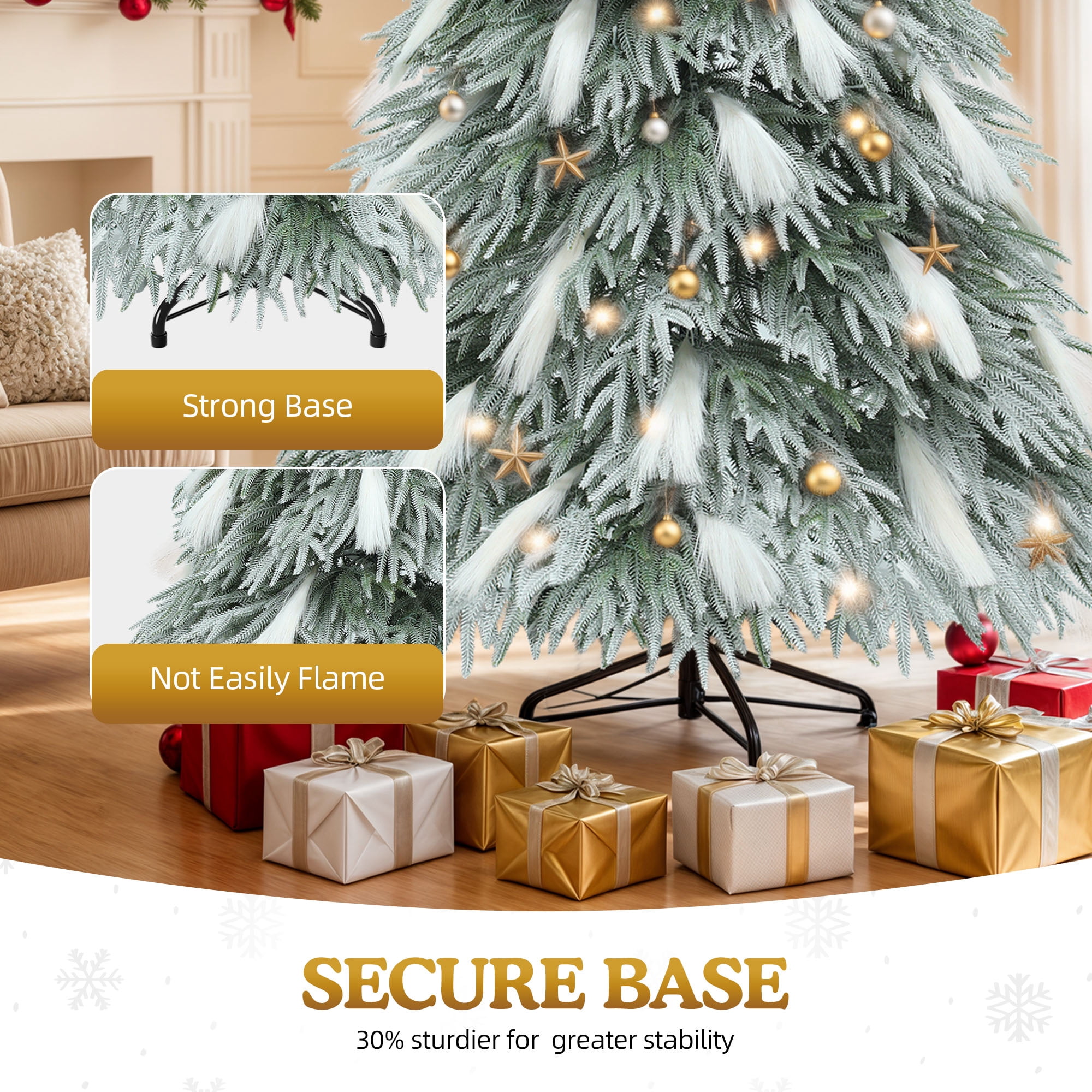 Uforic 6ft Pre-Lit Flocked Natural Drooping Pampas Christmas Tree with 30 Feathers, 355 Branch Tips and 400 Lights, for Home, Office, and Party Decor