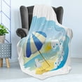 thumbnail image 4 of Seagulls Soft Flannel Fleece Blanket, Seagull at the Beach with Umbrella Waves Sand at Seaside Sunny Sky Cartoon Print, Cozy Plush for Indoor and Outdoor Use, 60" x 80", Multicolor, by Ambesonne, 4 of 5