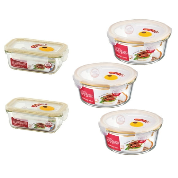 Set de contenedores de vidrio (2 de 380ml y 3 de 650 ml) Lock & Lock HPL014