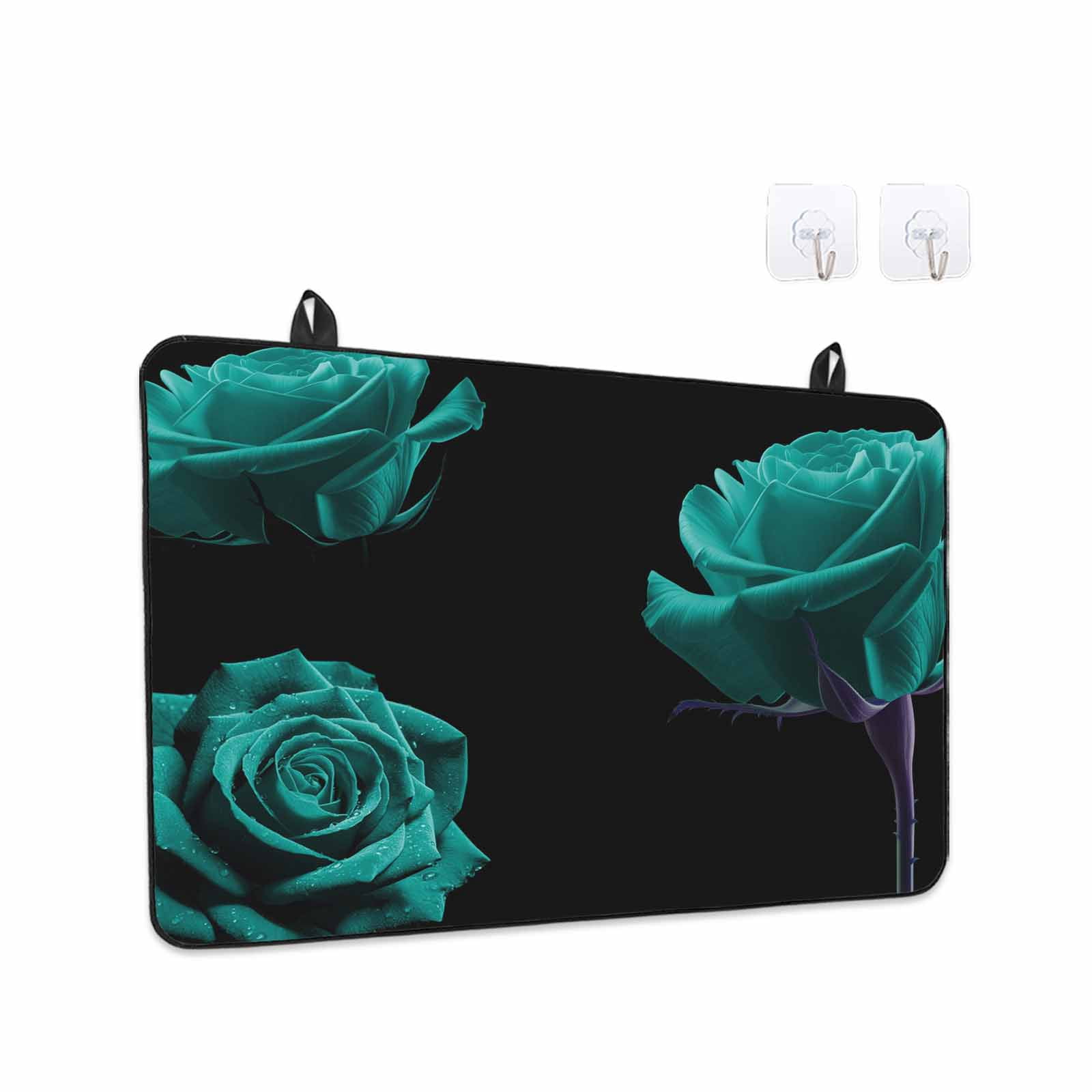 Teal Blue Rose Stove Top Cover for Electric Stove, Heat-proof & Non Slip Glass Top Stove Cover Protector, Vintage Abstract Garden Flower Floral Black Kitchen Flat Cooktop Rubber Mat 31x24 Inches