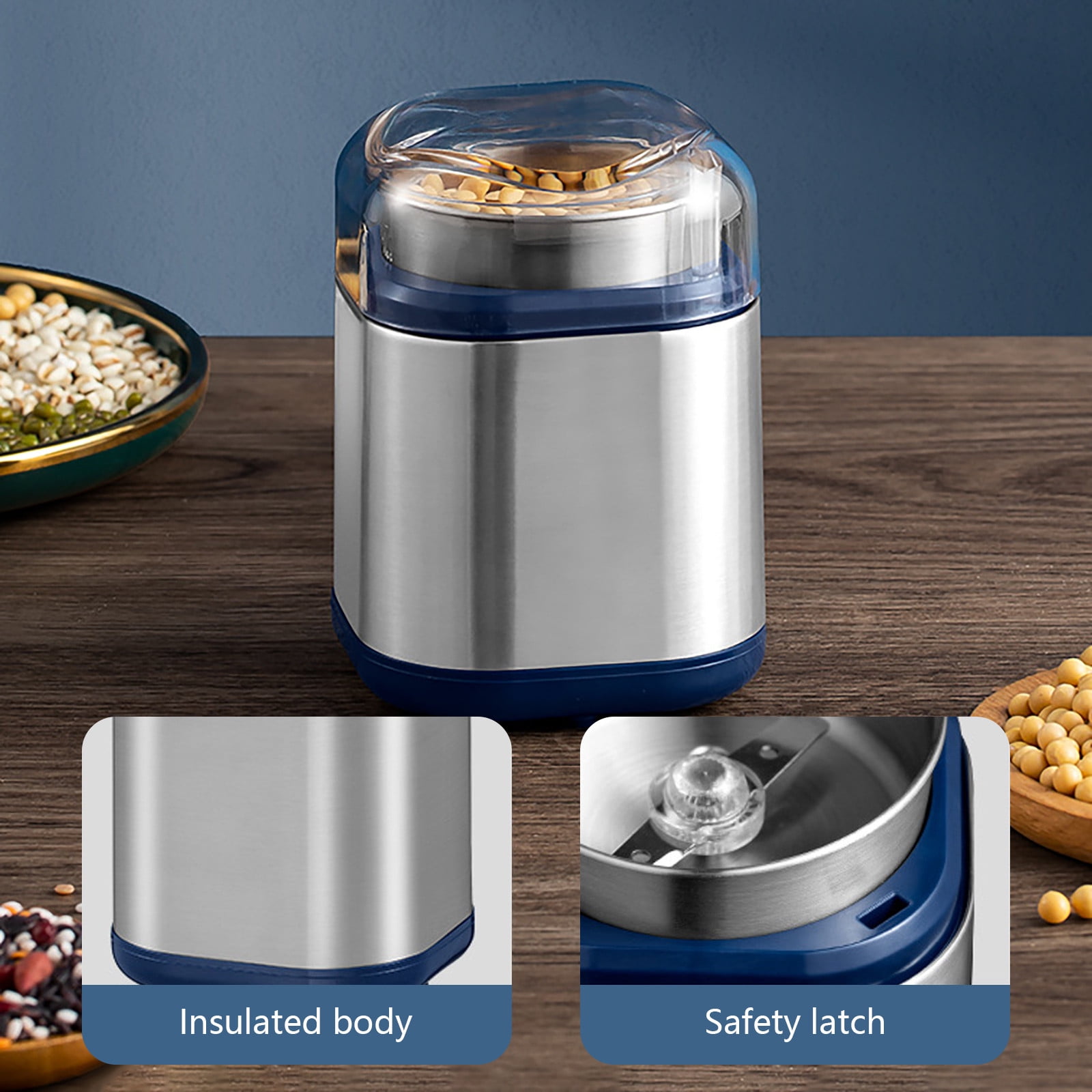 pvdgvd Coffee Grinder, 200W Powerful Grinder with 2 Stainless Steel Blades, for Coffee Beans, Spices, Grains & Herbs, Safety Lock for Home Use