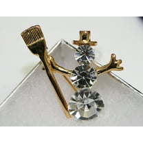 Christmas Snow Man Brooch Pin, Clear Rhinestone with Gold Tone Broom, Xmas Holiday Snowman Jewelry