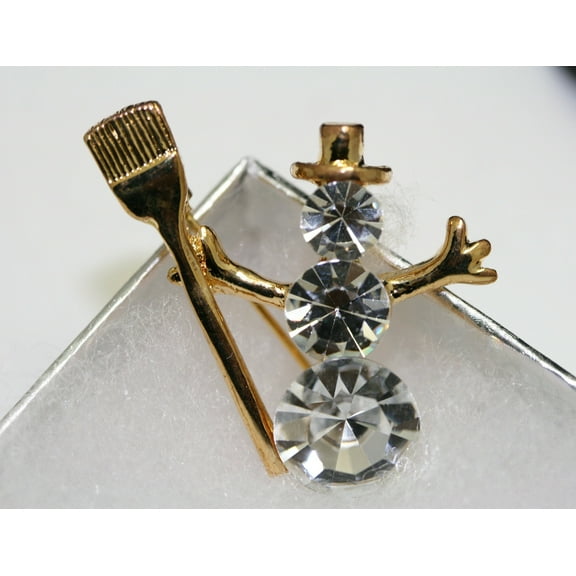Christmas Snow Man Brooch Pin, Clear Rhinestone with Gold Tone Broom, Xmas Holiday Snowman Jewelry