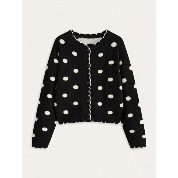 Women's Knit Cardigan Scalloped Trim Button Down Long Sleeve Top