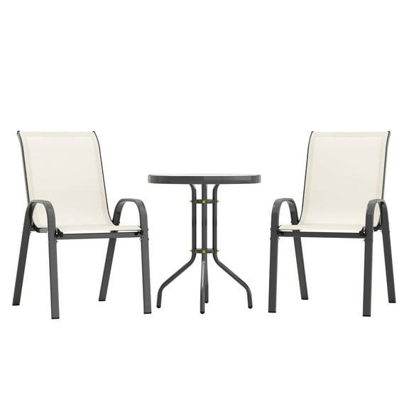 Bistro Set 3 Pieces Patio Furniture, Stackable Chairs & Glass Table, Outdoor Small Space Set for Backyard Balcony, Beige