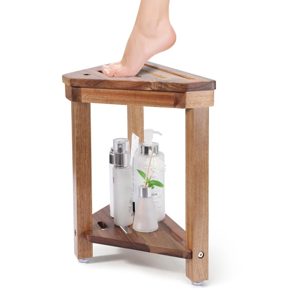 Reposapiés de ducha Boulphia de madera de acacia de 35 cm con estante de almacenamiento
