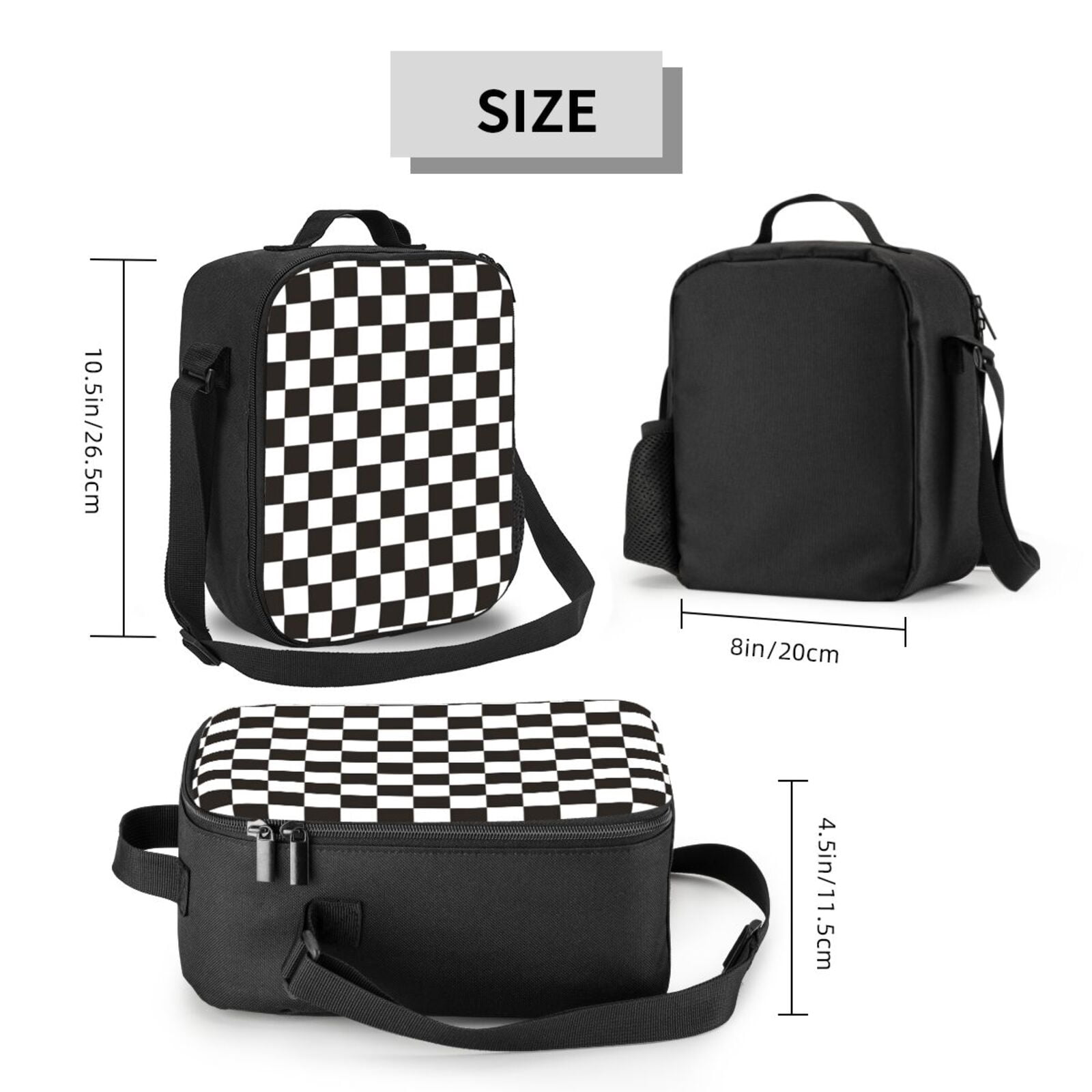 Defioc Black and White Checkerboard Print Lunch Box for Men & Women, Insulated Lunch Bag Thickened Thermal Leakproof Lunch Tote Bag for Adult Office Travel Picnic