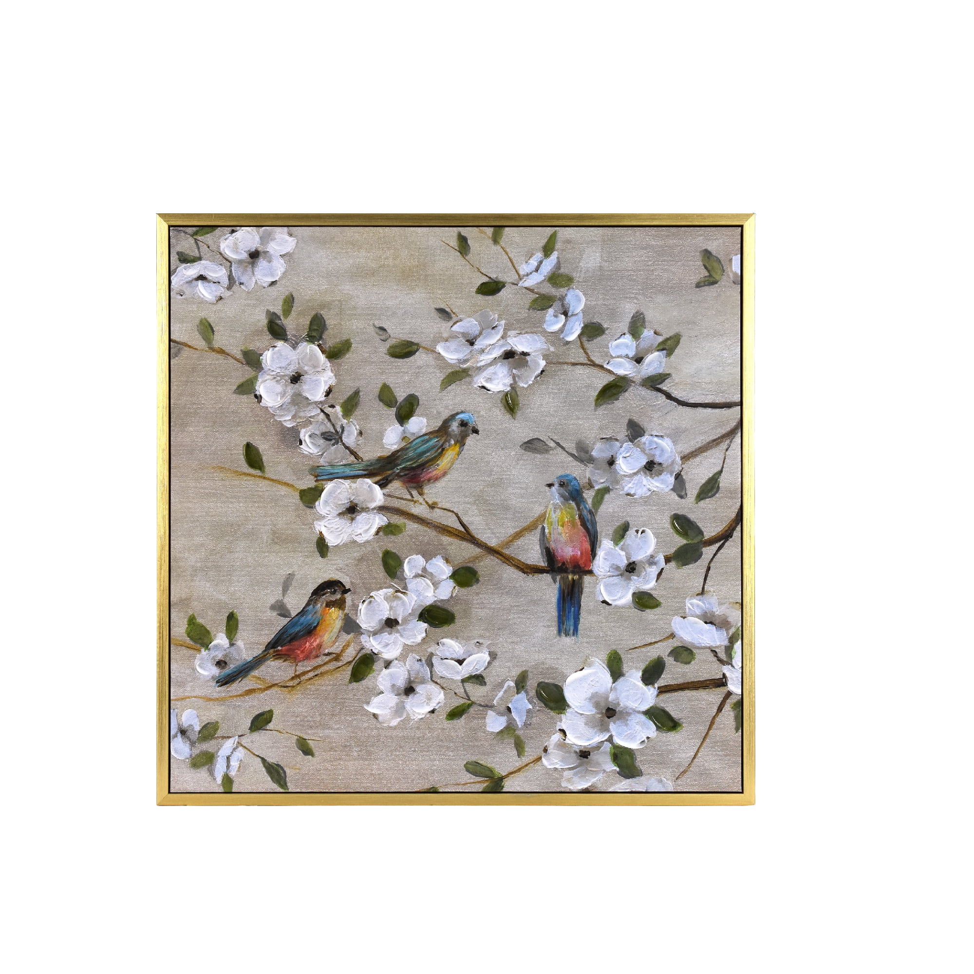 Crystal Art Gallery 23x23 Framed Picture Frame Wall Art Canvas Print, Three Birds & White Floral Branches, Gold Farmhouse Frame