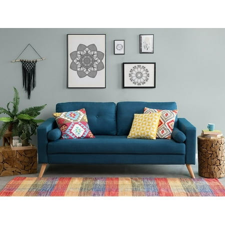 Modern Retro Upholstered 2 Seater Sofa On Tufted Bolster Blue Fabric Kalmar