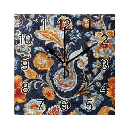 Ryvnso Paisley Boho Floral Wall Clock Square Silent Non-Ticking Battery Operated 7.78
