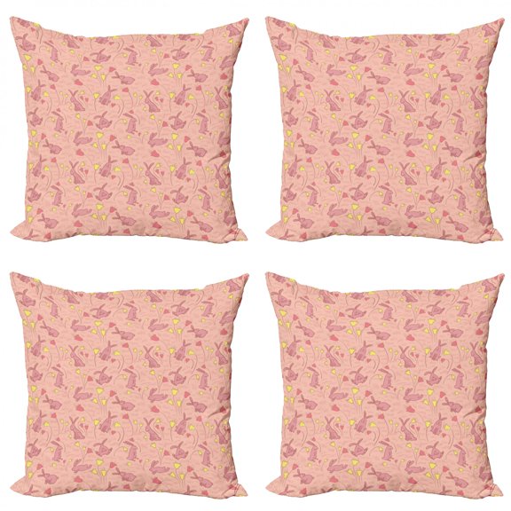 Ambesonne Animal Throw Pillow Cover 4 Pack, Bunnnies and Flowers, 16", Dark Coral Pale Pink