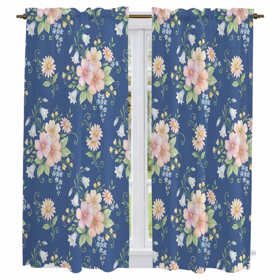 Pink Blue Flowers Kitchen Curtains 63 Inch Length, Elegant Pastoral Farmhouse Botanical Tiers Curtains for Living Room Berdoom Bathroom, Light Filtering Drapes Window Treatment 2 Panels 42"Wx63"L