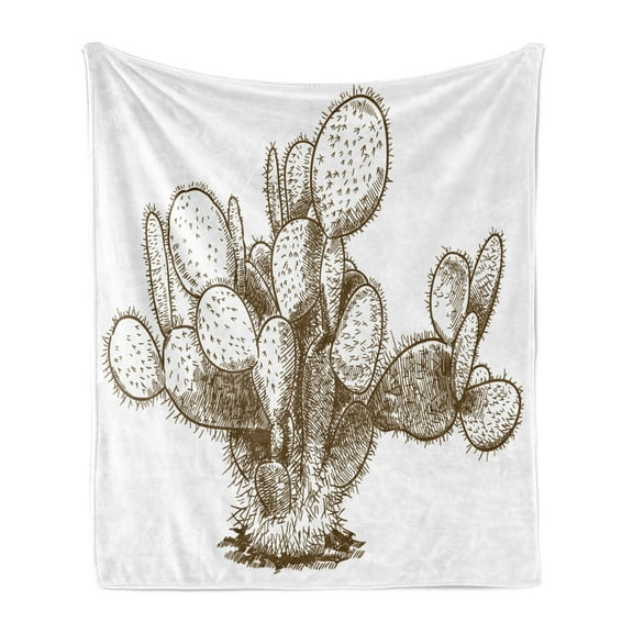 Cactus Soft Flannel Fleece Blanket, Antique Sketchy Desert Plantation Hand Drawn Like on a Plain Background, Cozy Plush for Indoor and Outdoor Use, 50" x 60", Green Brown Multicolor, by Ambesonne