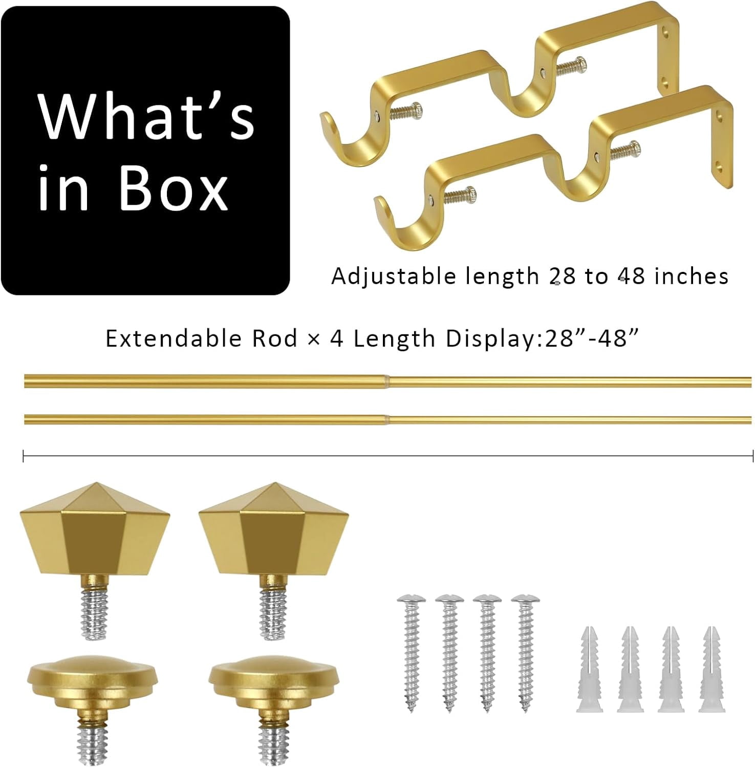 eTeckram 5/8" Double Curtain Rod with Chiodo Finials,Gold,28‘’-48‘’