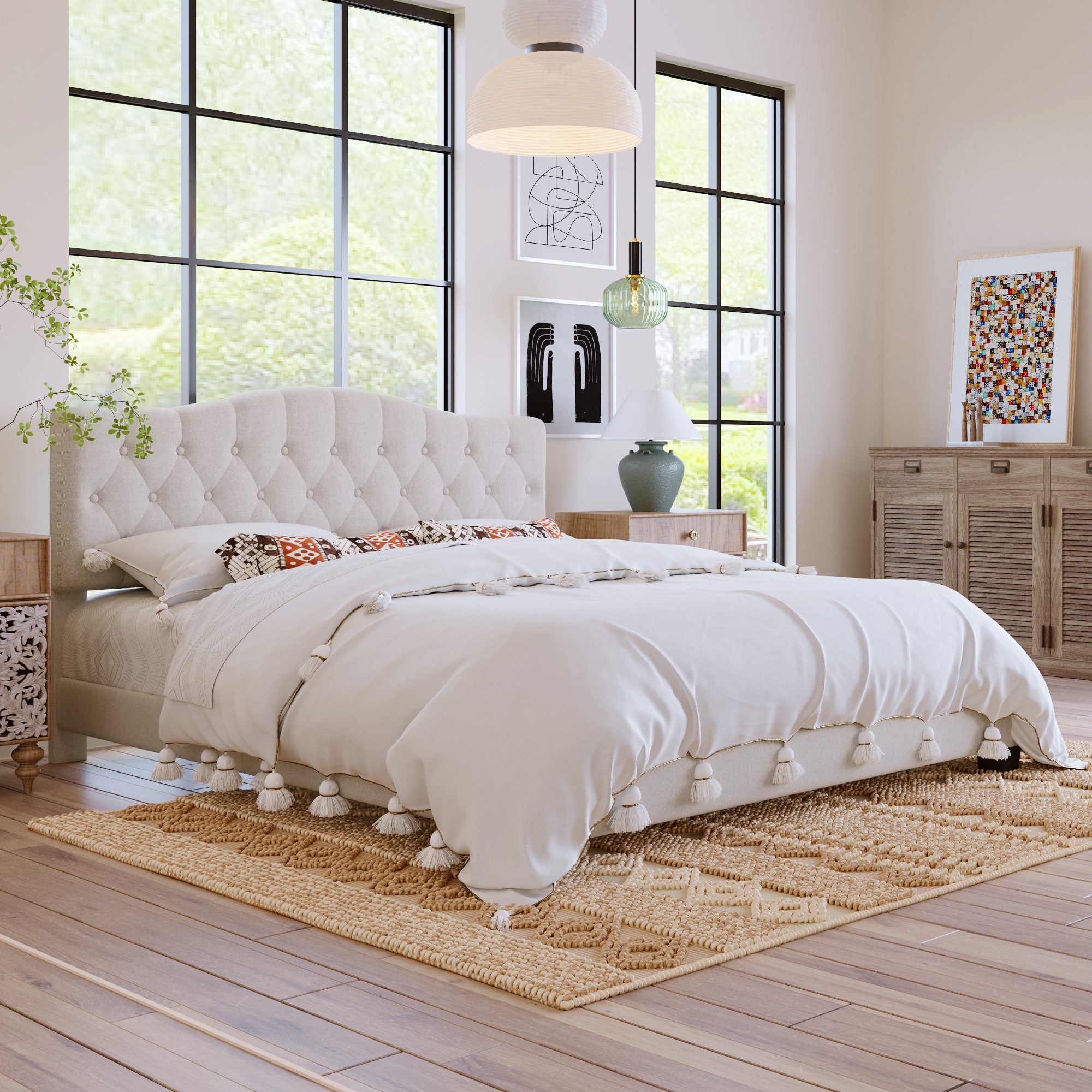 PORKISS King Size Linen Bed Frame with Upholstered Button Tufted Adjustable Headboard, Platform Bed with Wooden Slats Support, Holds 800lbs, Beige