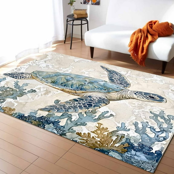 Area Rugs 5x7 Ft Sea Turtle Coral Ocean Theme Non-Slip Washable Rug Indoor Rug Floor Mats Non Shedding Carpet for Living Room Bedroom Dining Room Home Decor