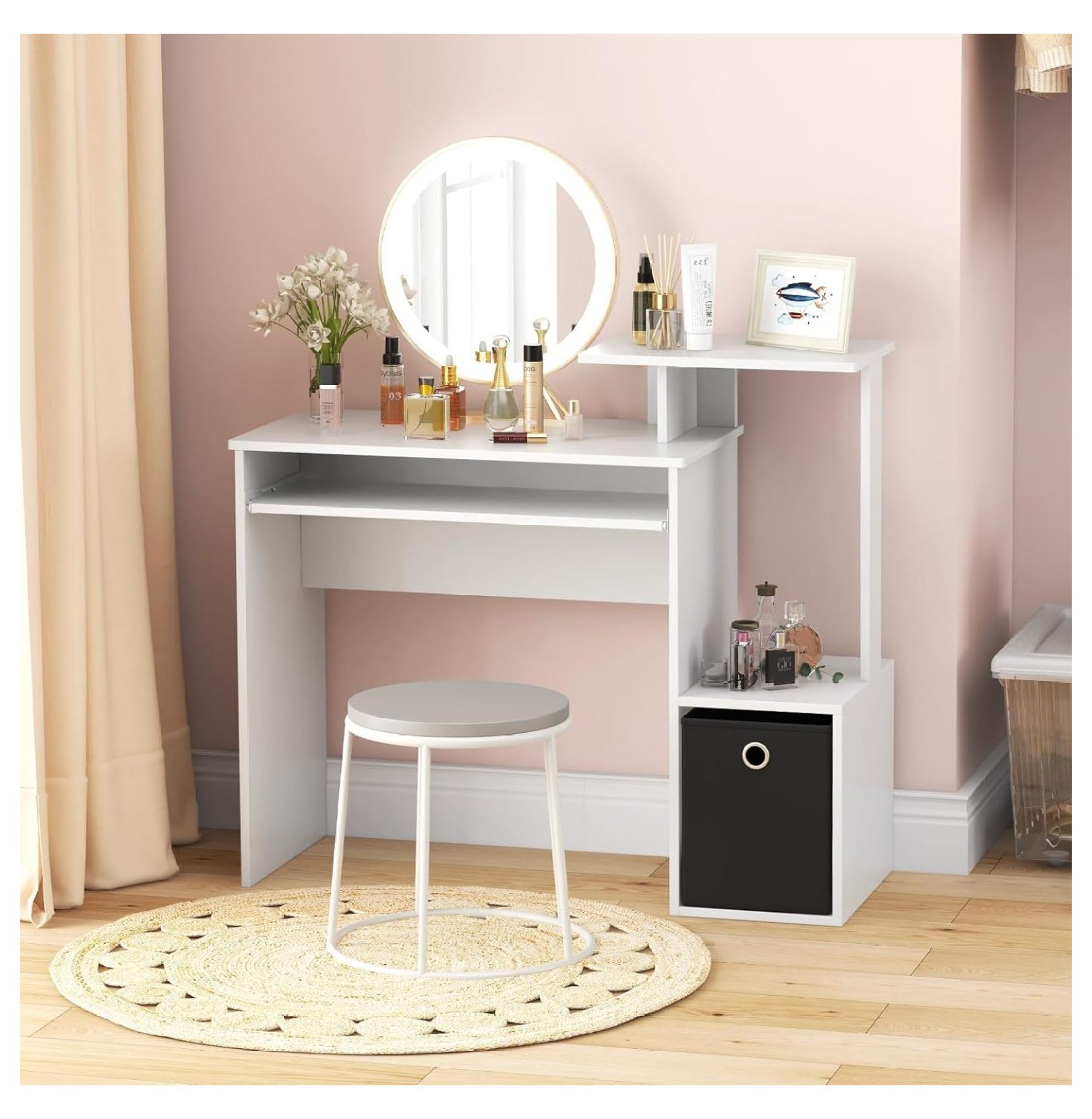 JZWAL White Computer Desk with Drawers & Keyboard Tray, Modern Home Office Desk with Storage Shelves & Printer Stand, Laptop PC Table for Workstation, Study Writing Desk for Small Spaces, Bedroom