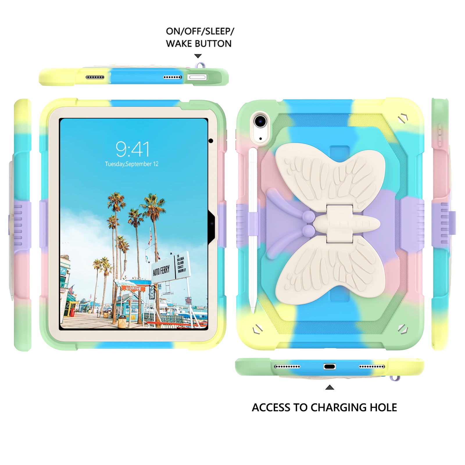 iPad 11 Case 2025 (11 inch) / iPad 10 Case 2022 (10.9 inch), DOMAVER Shockproof Protective Cover with Butterfly Wings Kickstand, Apple Pencil Holder, Kids Friendly Drop-Proof Design – Rainbow Green