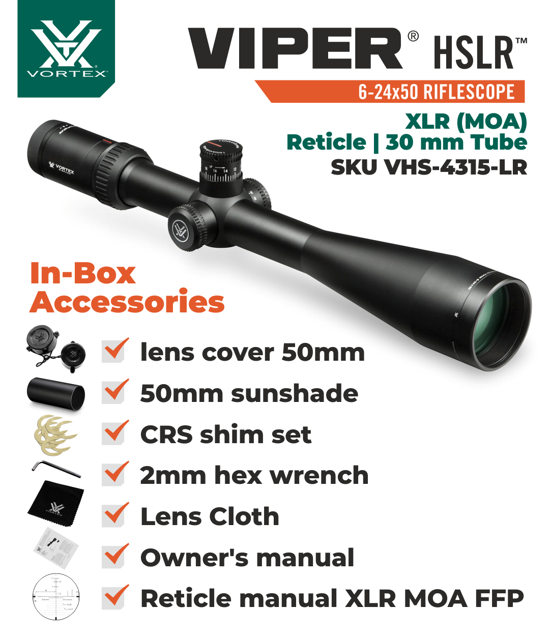Vortex Optics Viper HSLR 6-24X50 XLR (MOA) FFP, 30 mm Tube with Pro 30mm High Rings (1.18in) and Free Hat Bundle - image 4 of 7