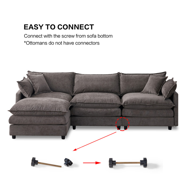105" Modular Sectional Couch, 3-Seater Soft Chenille L-Shaped Sofa with Ottoman, Upholstery Sofa Couch with Pocket Coil & High-Density Foam for Living Room