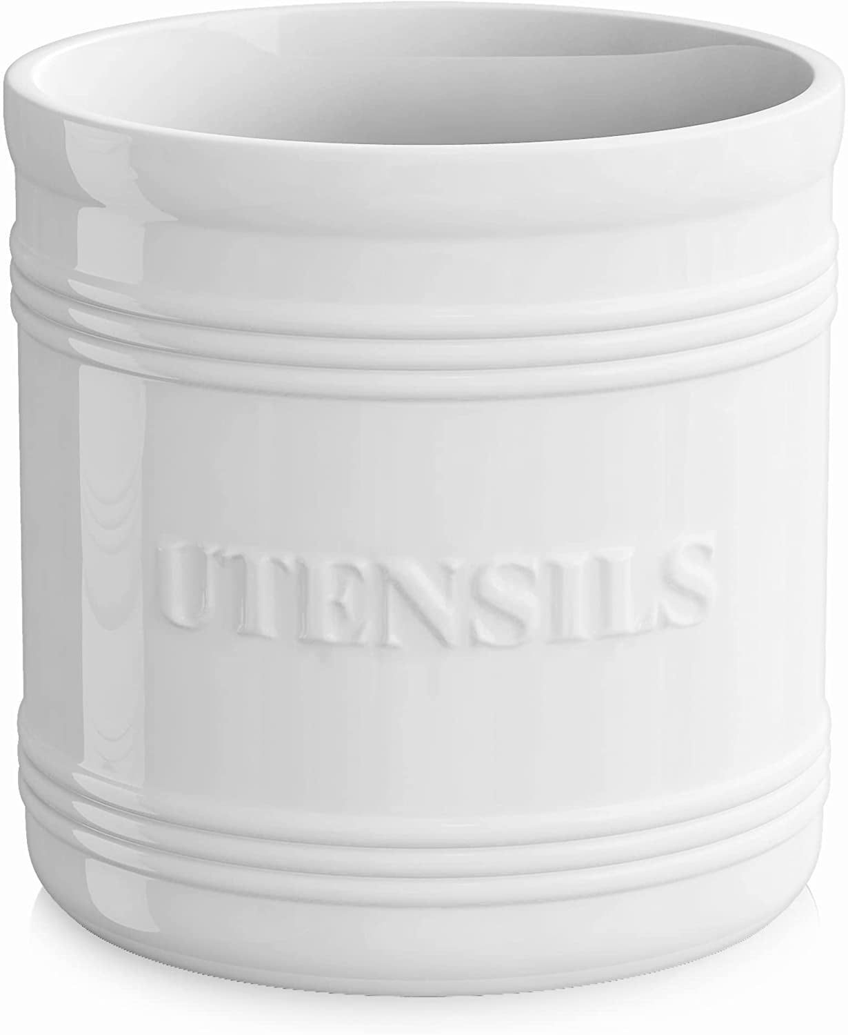 White Porcelain Utensil Crock/Holder Large Size for Kitchen Storage 