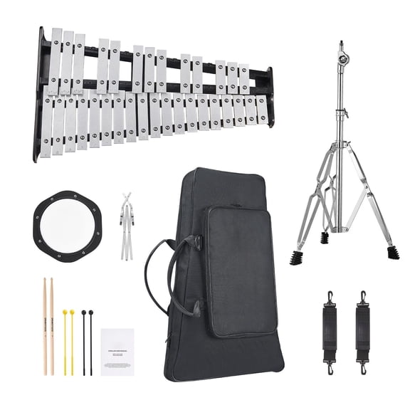 32-Note Glockenspiel Xylophone Bell Kit with Stand & Carrying Bag | Professional Percussion Set Includes Mallets, Drum Sticks, Music Stand, 8" Practice Pad for Students & Adults