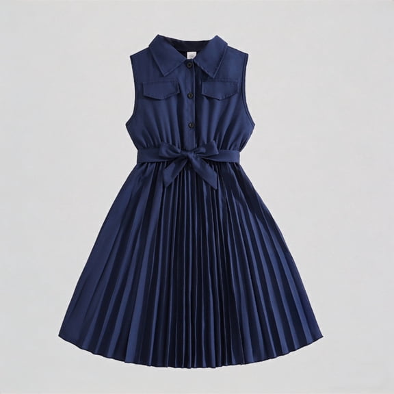 REDARER Girls Navy Blue Sleeveless Shirt Dress Belted Waist Pleated Skirt Elegant Summer Casual Party Dress,7-8 Years