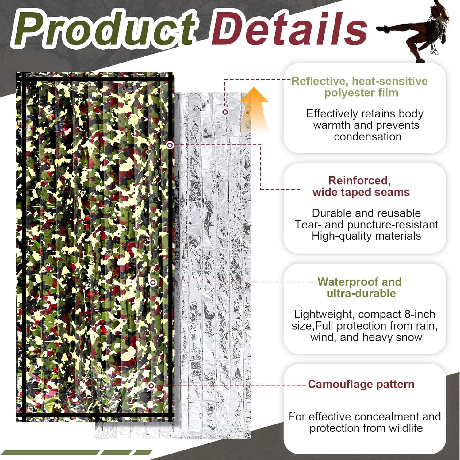 Camo Emergency Sleeping Bags Camo Blankets Emergency Shelter Survival Gear Portable Lightweight Thermal Bivy Sack Waterproof for Outdoor Camping Hiking Homeless Shelter