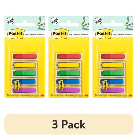 (3 pack) Post-it Arrow Flags, Assorted Primary Colors, .47" Wide, 100 Flags