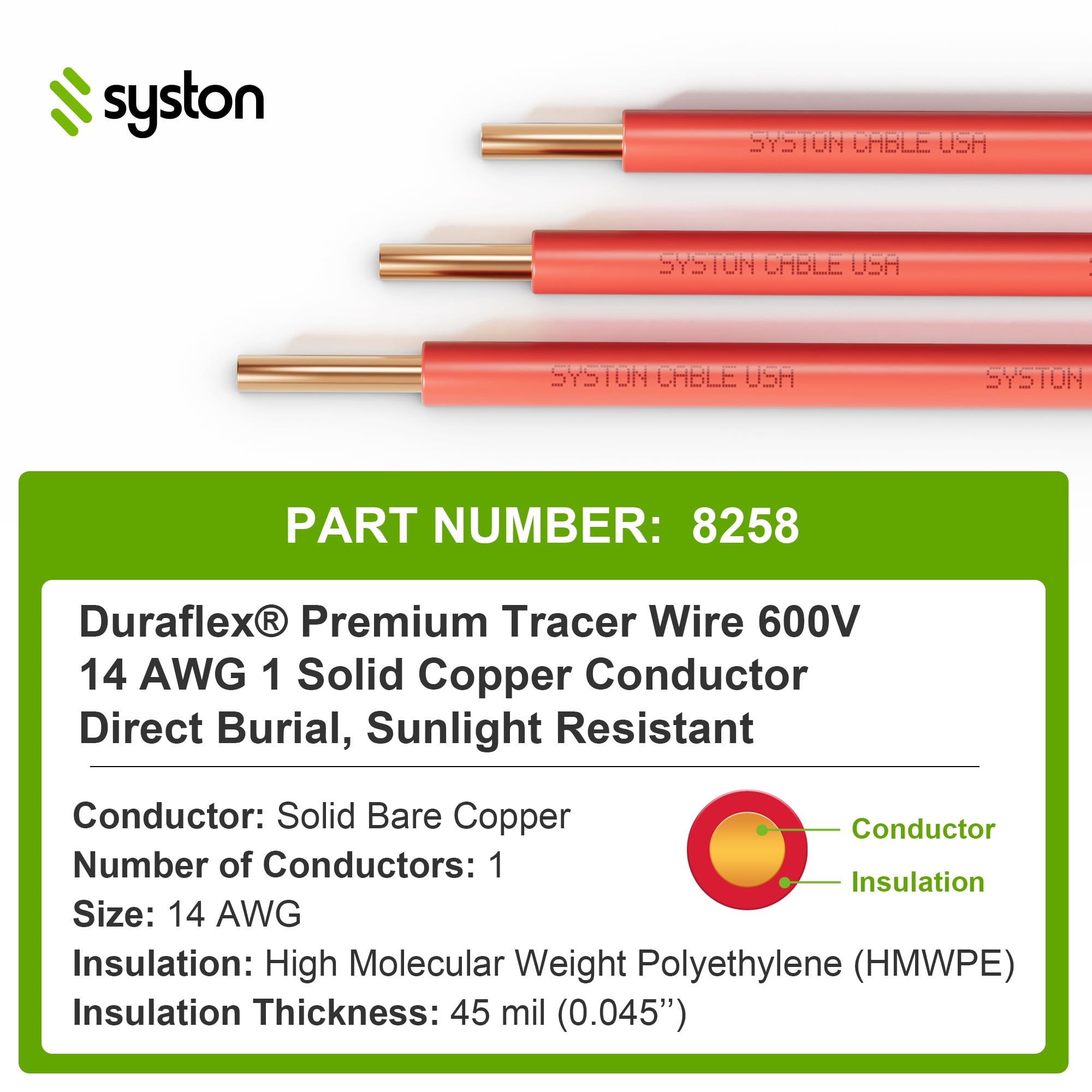 SYSTON CABLE TECHNOLOGY 14 AWG Tracer Wire Direct Burial 600V 1 Solid Bare Copper Conductor, HMWPE Insulation UV Resistant Tracer Wire to Locate Underground Electrical Pipelines - Red, 100 FT
