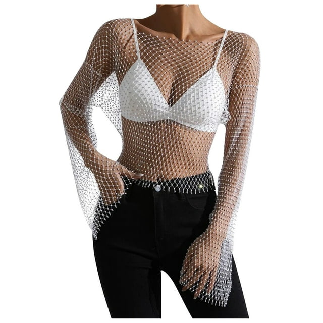 Pompotops Women's Spring And Summer Mesh Hollow Out Long Sleeved Rhinestone Top On Sale