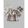 thumbnail image 2 of hirigin Kids Girls Casual Dress, Plaid Printed Long Sleeve Round Neck Ruffle Dress with Beret, 2 of 8