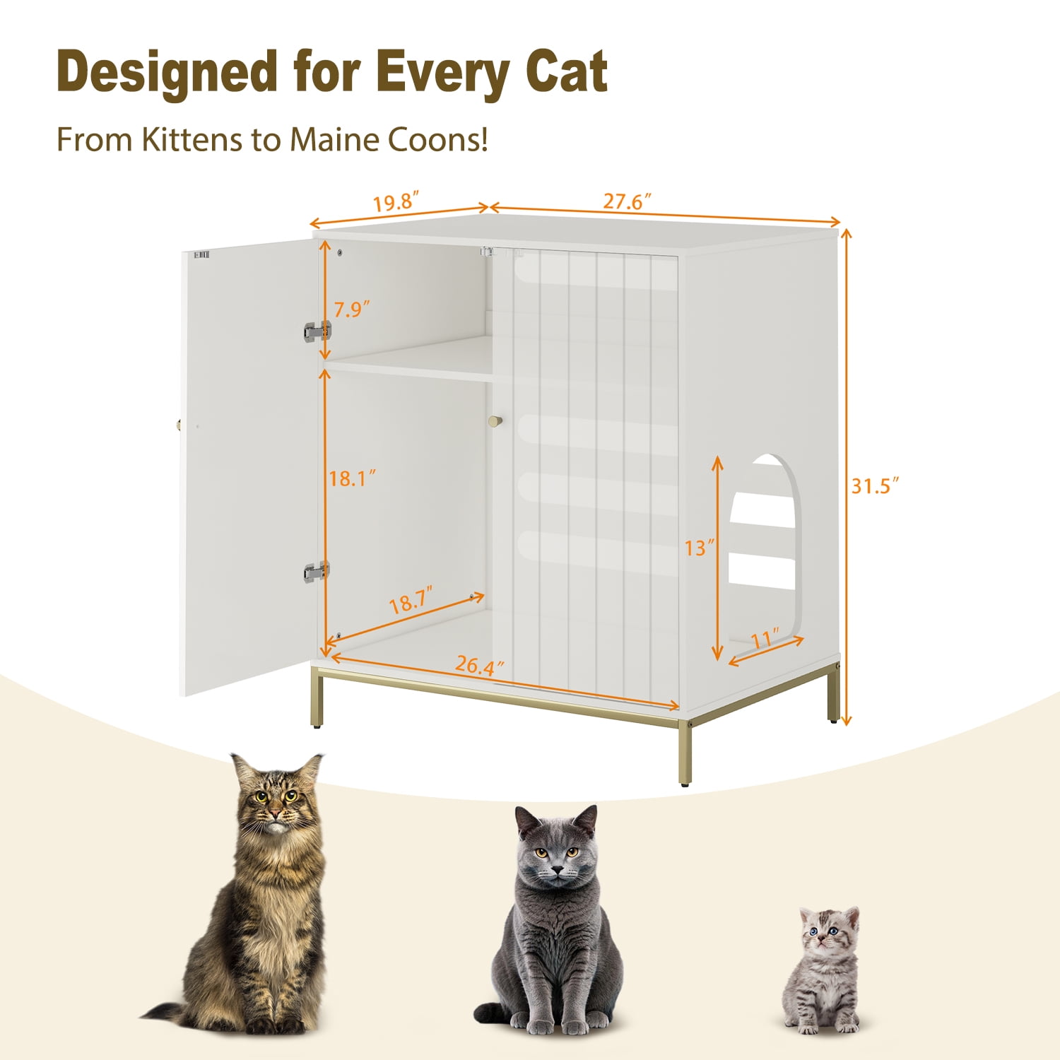 Stylish Cat Litter Box Enclosure, Modern Hidden Litter Box Furniture with Tall Legs, Side Entrance, and Dual Use as End Table for Living Room or Bedroom (White & Gold)