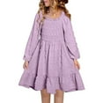 thumbnail image 4 of Girls Dresses Elegant Long Sleeve Square Neck Ruffle Detail Smocked Waist Casual Party Dress For Girls Comfortable Wear,Z01 Purple,6-7 Years, 4 of 5