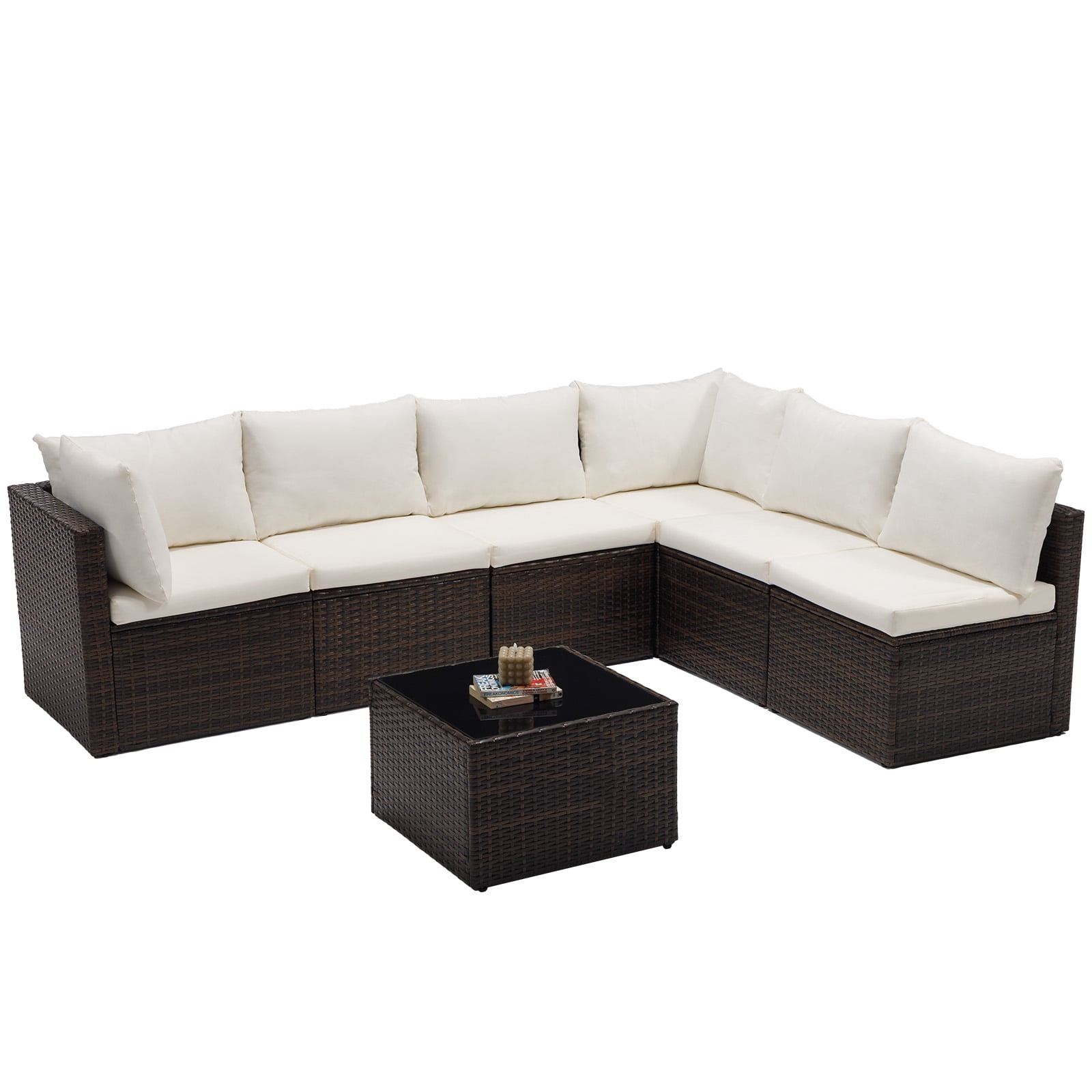 SHOUFTW 7 Piece Patio Furniture Set, Outdoor Wicker Sectional Sofa with Cushions and Glass Table, Brown and Beige