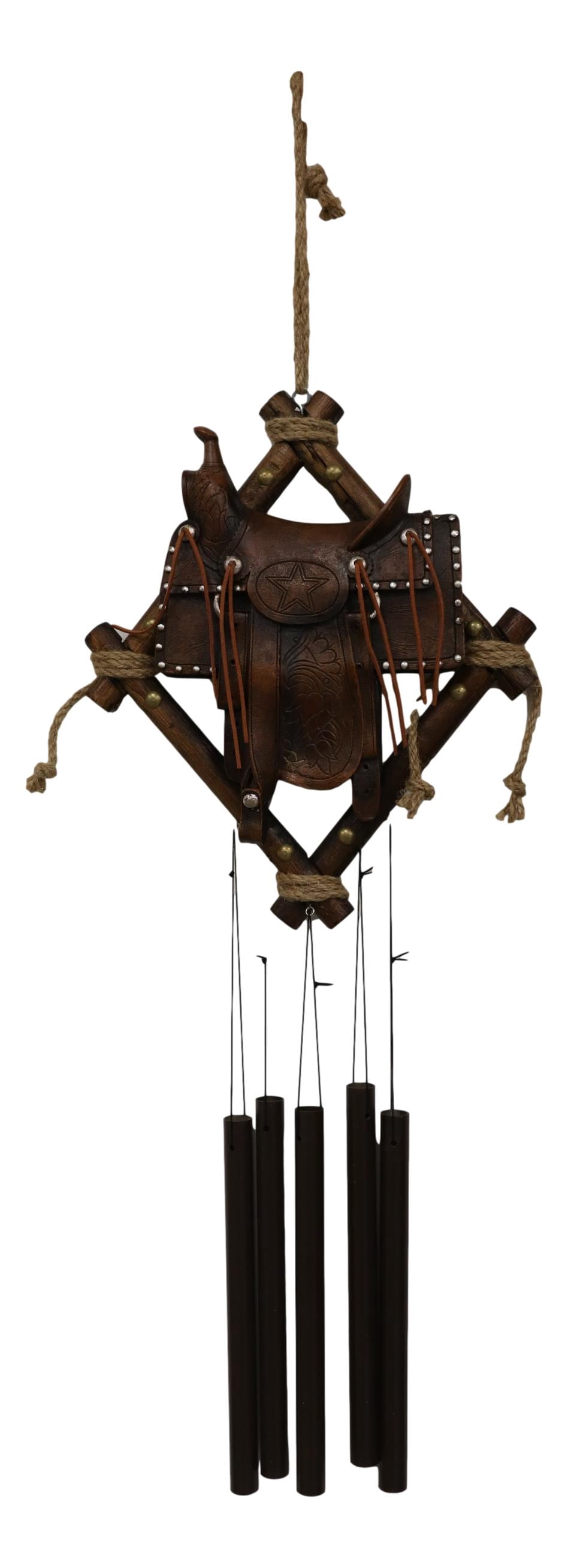 Country Rustic Cowboy Horse Saddle Faux Tooled Leather Decorative Wind Chime