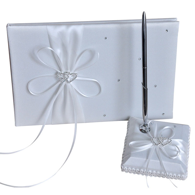 Silver Pen and White Holder Set with Handmade Bow Ribbon Wedding Accessories 