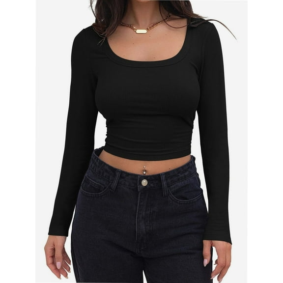 Women Crew Neck Knitted Crop Shirt Long Sleeve Low Cut Basic Solid Tee Sexy Cutout Blouse Top Streetwear