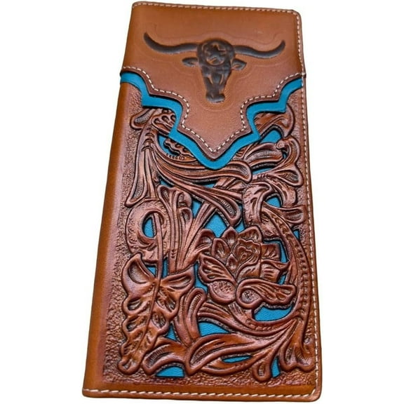 Mens Long Wallet Floral Embossed Longhorn Leather Brown and Teal Soft Leather Checkbook Style Cowboy Hand Crafted High End Mens Wallets Leather Bull Rider Rodeo