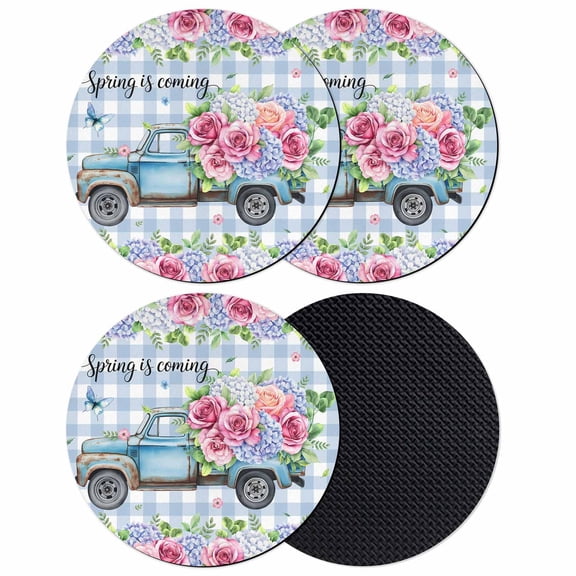 Spring Coasters Set of 4, Absorbent Coasters for Drinks, Truck Botanical Rose Leaves Blue White Plaid Coaster for Desk Coffee Table Protection, Home Decor House Warming Gifts 4"
