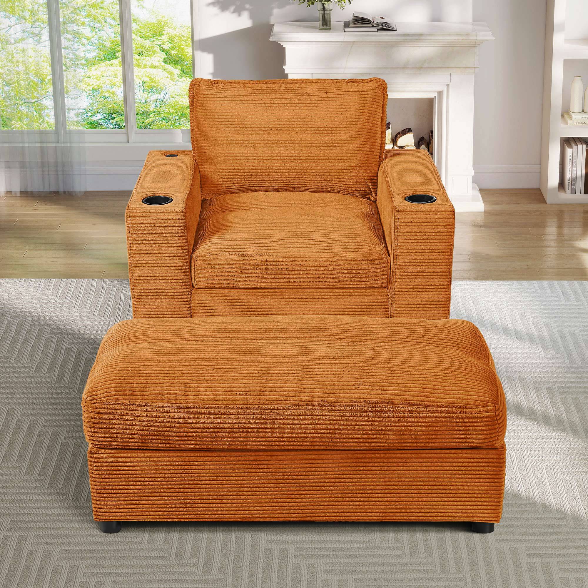 Lunale 42.8" Accent Chair with Ottoman, Indoor Chaise Lounge Chair with USB & Storage, Plush Reading Sofa Armchair for Living Room, Bedroom, Apt, Orange Corduroy
