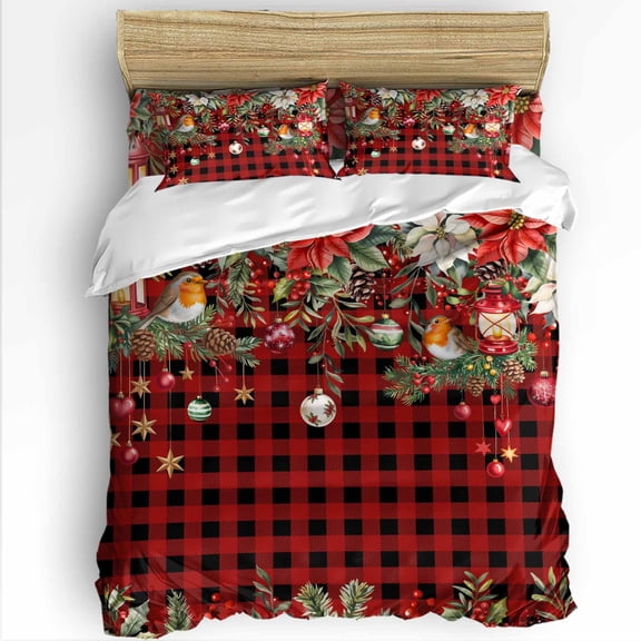 Red Plaid Christmas King Size Comforter Set, Xmas Poinsettia Balls Botanical Birds Soft Bedding for All Seasons, 4 Pcs Bed Set with 1Comforter (90"x106") ,1 Sheet(94"x116"), 2 Pillowcases (19"x35")