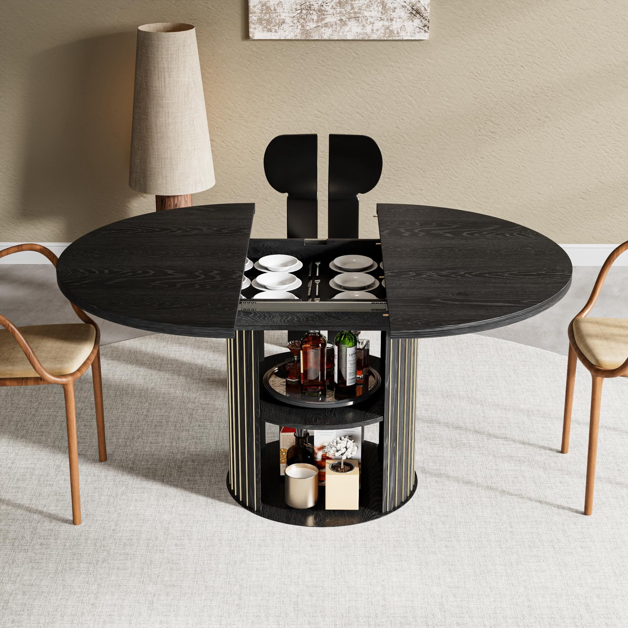 Fsbecl 43.3"-59" Extendable Wooden Round Dining Table for 4-6 with 2-Tier Storage Shelf, Black