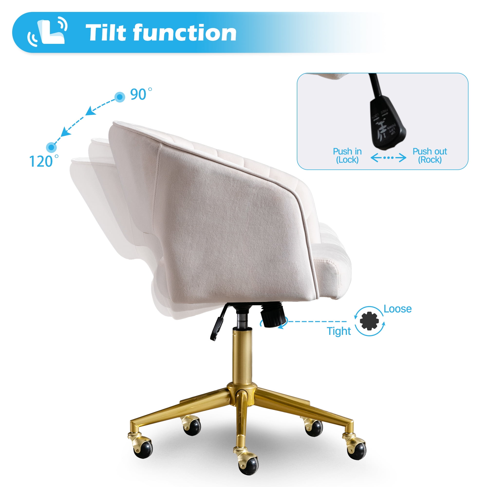KCC Velvet Office Chair for Women, Swivel Vanity Desk Chair with Gold Base and Wheels, Adjustable Upholstered Chair for Bedroom, Makeup Room and Home Office(Cream)