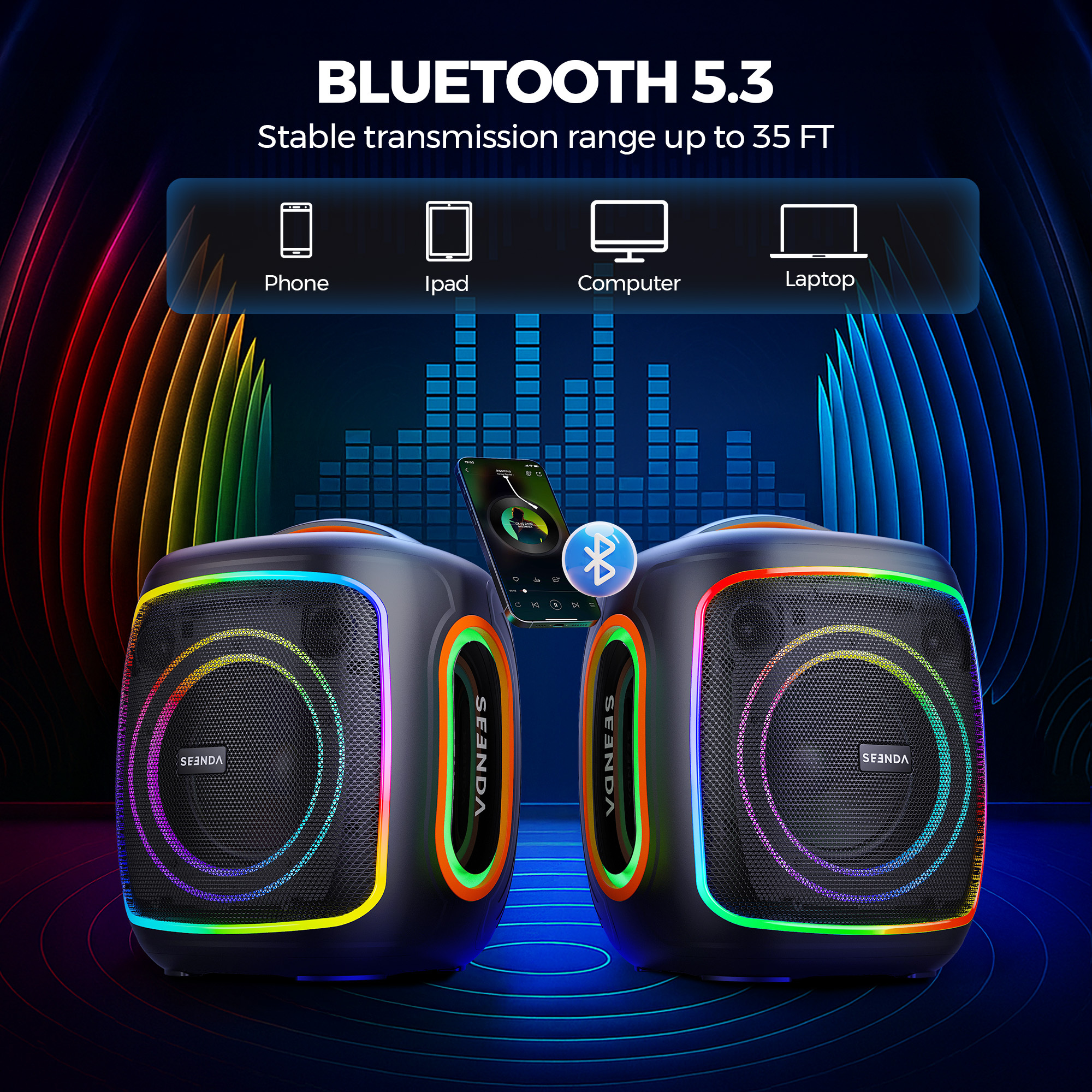 Seenda Karaoke Machine with Bluetooth & 2 Wireless Microphones, IPX5 Waterproof Portable PA System with RGB Lights for Indoor/Outdoor Parties