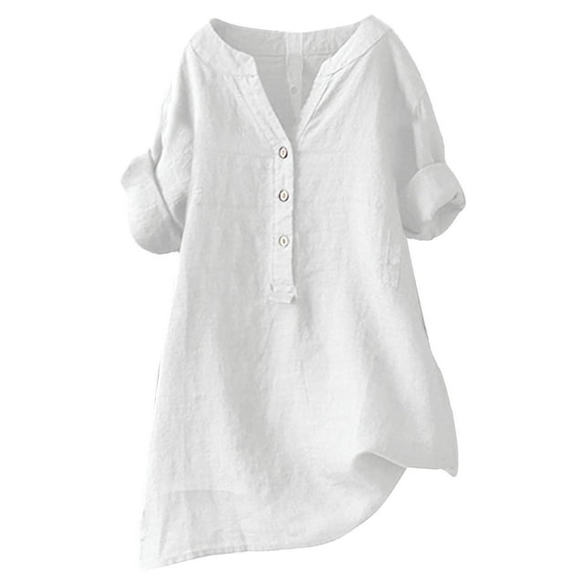 Blusa de manga larga con cuello en V y botones para mujer - Tops casuales elegantes y holgados de moda - Estampado, verano, trabajo y vacaciones