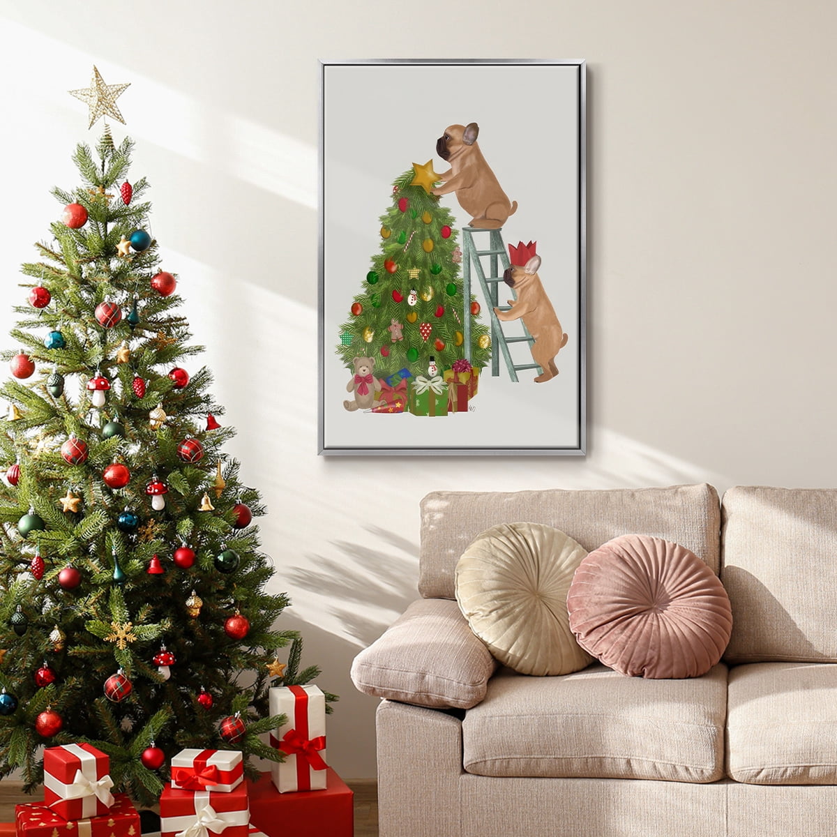 Christmas French Bulldog Tree Ladder - Framed Gallery Wrapped Holiday Canvas - 27 x 41 - Silver Frame