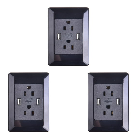 GREENCYCLE 3 Pack 2A Smart Dual USB Charger Wall Plate Outlet Socket 15A AC Power Outlet Charging Receptacle Black Adapter (ETL Listed)