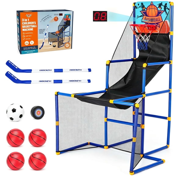 iYofe 3-in-1 Basketball Hoop for Kids Ages 4-8, Indoor Outdoor Basketball Arcade Game with Soccer Goal & Hockey, 6 Balls and Pump Included, Birthday & Christmas Gift for Boys & Girls